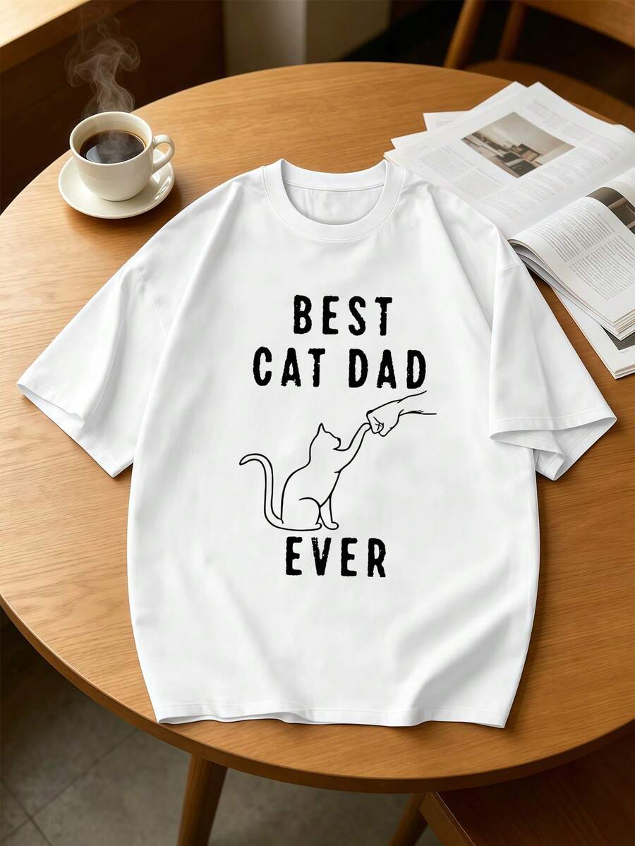 Men's Shirt "Best Cat Dad Ever" In A High Quality Fabric, Elegant Design, Stylish Clothing And Artistic Stamp. - White - View 1