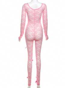 Women's Solid Color Bow Decor Skinny Jumpsuit, Simple Everyday Wear Pink Spring Elegant - Pink - View 4