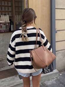 Women's Classic Black And White Striped Loose Sweater, Versatile Knit Top For Daily Commute, Outerwear And Layering Fall - Black and White - View 7