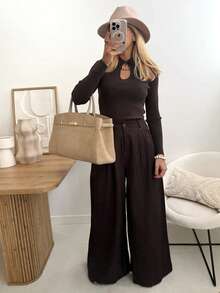 Women's Polo Collar Hollow Metal Decor Ribbed Knit Top, Long Sleeve Slim Fit Pullover Elegant Sweater For Autumn - Brown - View 2