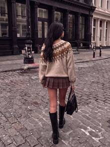 Women's Vintage Brown Fair Isle Knit Sweatshirt, Long Sleeve Crew Neck Asymmetrical Shoulder Pullover, Fall Clothes For Women, Vacation Outfits Women, Fall Outfit For Women, Fall Style, Halloween, Sweaters N - Multicolor - View 4