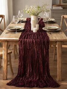 Burgundy Pleated Semi-Transparent Cheesecloth Gauze Table Runner, Lazy Bohemian Texture Solid Color Dining Table Decor, Suitable For Wedding, Birthday Celebration, Baby Shower, Anniversary, Christmas, Large Banquet Party Table Setting - Burgundy - View 2