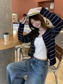 Korean Style Striped Knit Cardigan, Autumn Casual Short Length Long Sleeve Thin Cardigan Sweater, Women's Open Front Jacket - Navy Blue - View 4