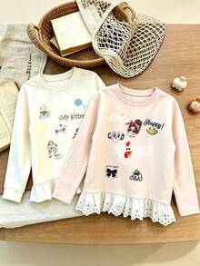 (2 Pcs) Set 2 Potong Kaos Lengan Panjang Anak Perempuan Motif Bunga Lucu Warna Polos Terbaru untuk Musim Panas - MultiWarna - View 1