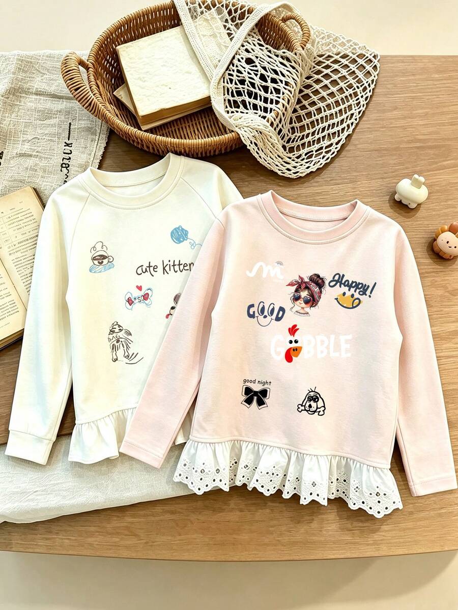 (2 Pcs) Set 2 Potong Kaos Lengan Panjang Anak Perempuan Motif Bunga Lucu Warna Polos Terbaru untuk Musim Panas - MultiWarna - View 1