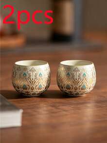 1pc/2pcs Middle Eastern Vintage Gilded Peacock Feather Ceramic Tea Cup, Luxury Palace Style Ru Yao Tea Cup, Home Guest Coffee Cup, Especially Suitable For Middle Eastern Strong Tea, Arabic Coffee - Multicolor - View 12