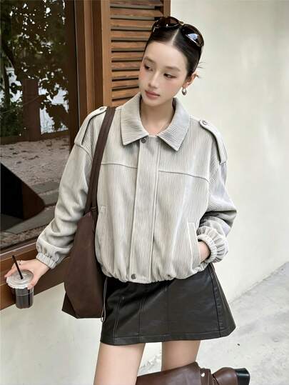 Women's Aviator Jacket, Khaki Corduroy, Loose Casual, Commuter Style, Back To School Season, Minimalist Casual Outerwear, Fashionable Versatile