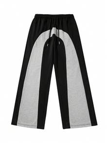 Pantalones de pierna ancha con cintura de cordón y bloques de color estilo Old Money para hombres - Negro - Ver 2