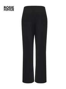 ROSIE POPHUB Women's Black Elegant Mid Waist Wide Leg Pants, Slim Fit Button Decor Office Trousers, Commute Daily Bottoms For Fall & Winter - Black - View 10
