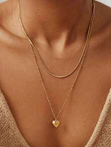 2pcs/Set Stainless Steel Necklace Set Exquisite Heart-Shaped Pendant Necklace Herringbone Chain Bead Chain For Women - Gold - View 1