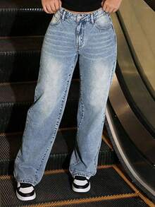 Teenagers Girls' Casual Solid Color Versatile Jeans - Blue - View 4