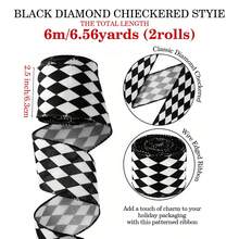 2 Rolls Black & White Argyle Pattern Ribbon, 2.5inch/6.3cm Wide Wired Edge Ribbon, 6m Total Length, Classic Checkerboard Style, Suitable For Christmas Gift Wrapping, Halloween Decoration, DIY Bow Making, Wedding Floral Arrangement And DIY Crafts - Diamond Pattern - View 2