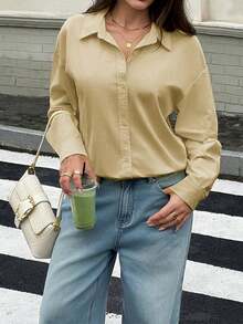 Vellofy Women's Fall Khaki Lapel Long Sleeve Button Down Shirt Loose Casual Top For Commute Dating Back To School Vacation - Yellow - View 10