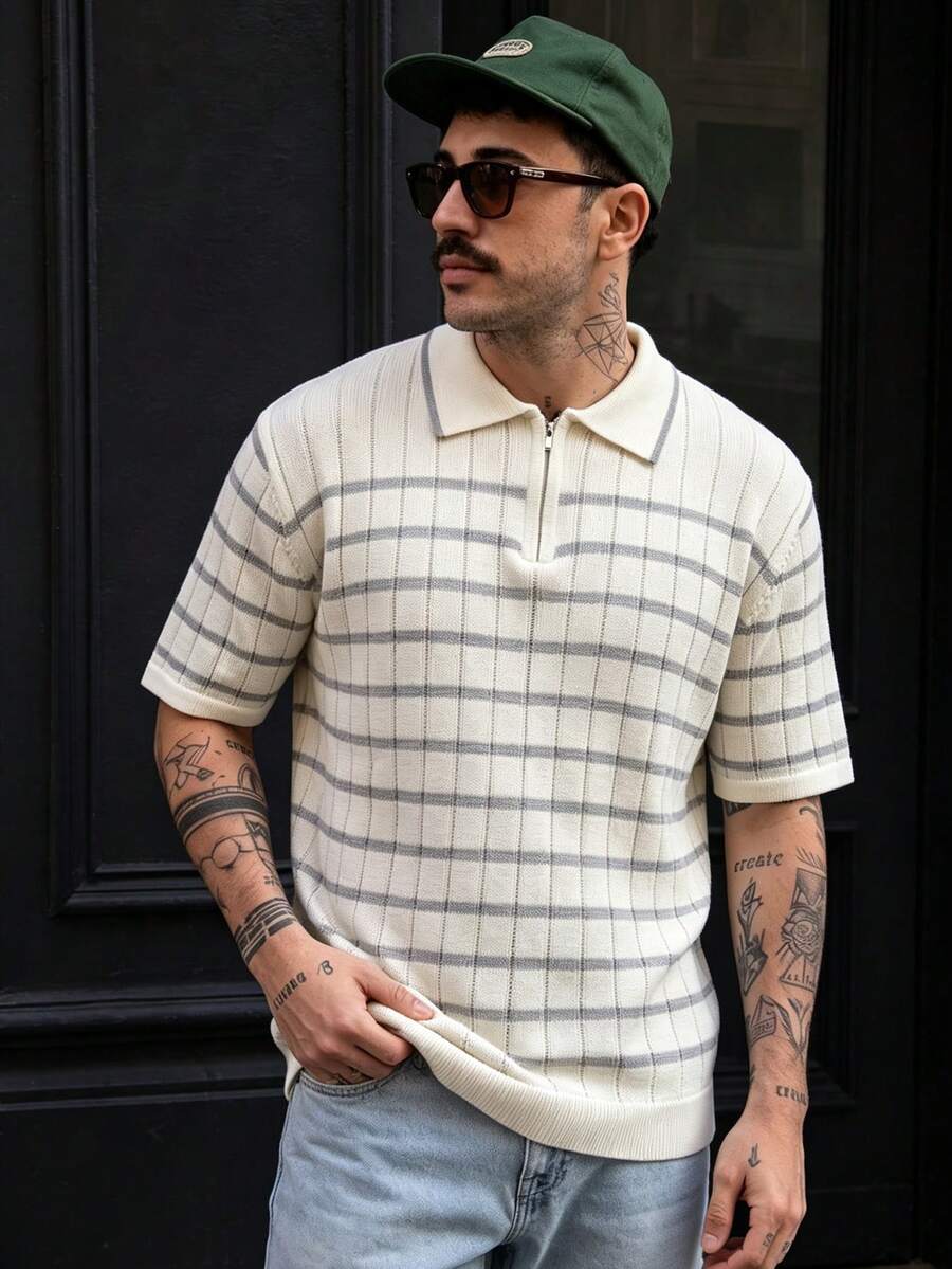 Lookun Men's Short Sleeve Knitted Polo Shirt With Collar, Plaid Loose Fit Half-Zip Knit Top, Spring/Summer - Apricot - View 1