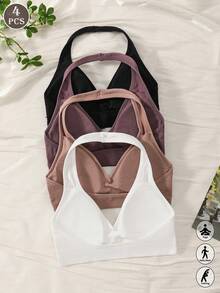 4PCS Ribbed Trim Halter Neck Sports Bra, Light Support Seamless Yoga Bra Fitness Activewear For Women - Multicolor - View 1
