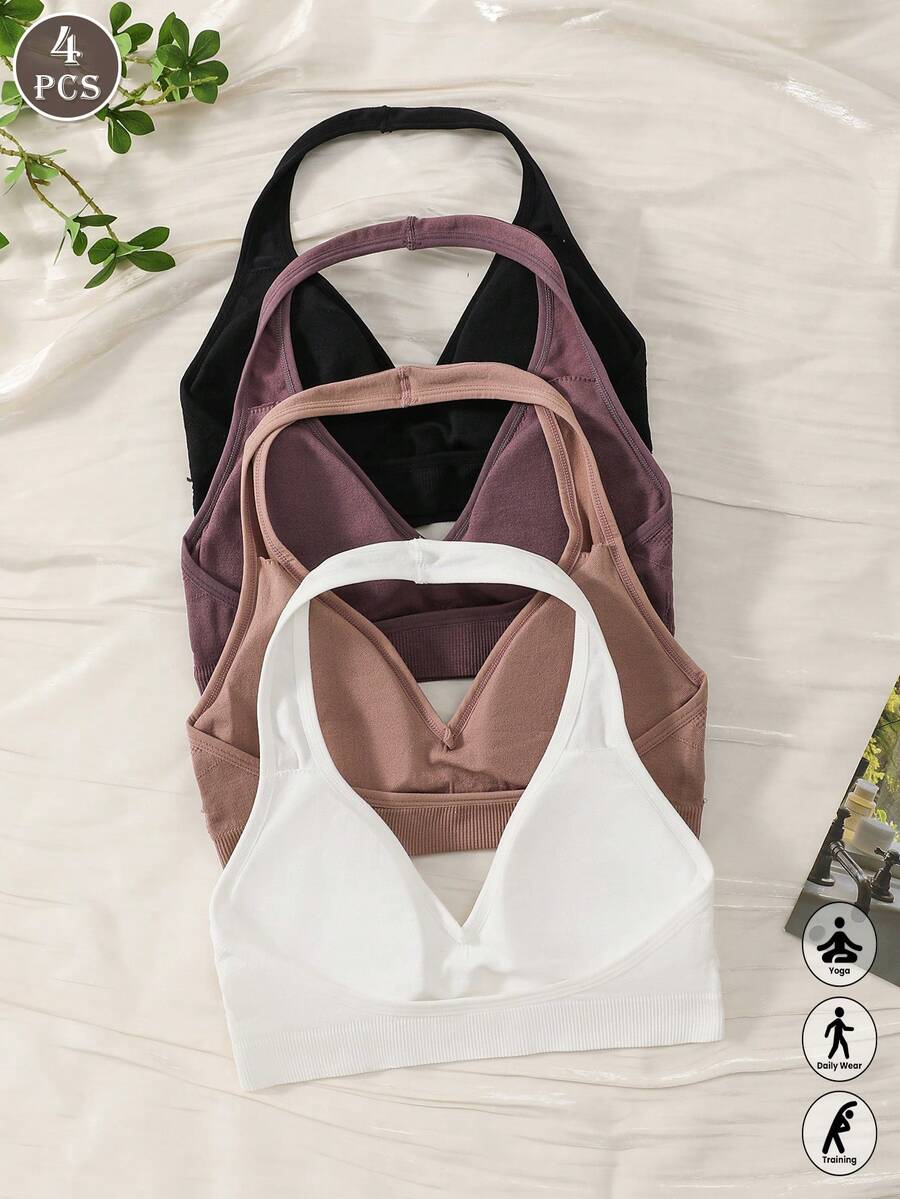 4PCS Ribbed Trim Halter Neck Sports Bra, Light Support Seamless Yoga Bra Fitness Activewear For Women - Multicolor - View 1