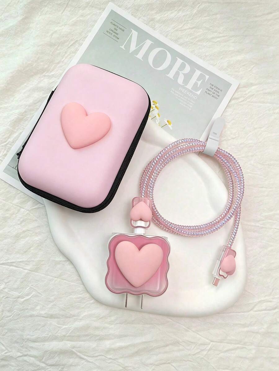 6pcs Heart-Shaped Charger Protector Set Compatible With IPhone 18W/20W Charger, Protective Case + Data Cable Protector + Storage Bag, Anti-Breakage Girly Charger Head Protector - Pink - View 1