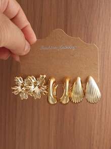 6-18pcs Gold Women's Earring Set, With Flower, C-Shape, Striped Teardrop And More, Fashion Party, Travel Vacation, Gift Engagement, Suitable For Various Occasions, (Made Of Hypoallergenic Non-Fading CCB Material) - Gold - View 2