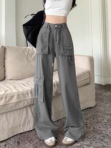 Women's American Style Cargo Pants, Cool & Edgy New High-Waist Wide-Leg Trousers For Summer - Grey - View 6