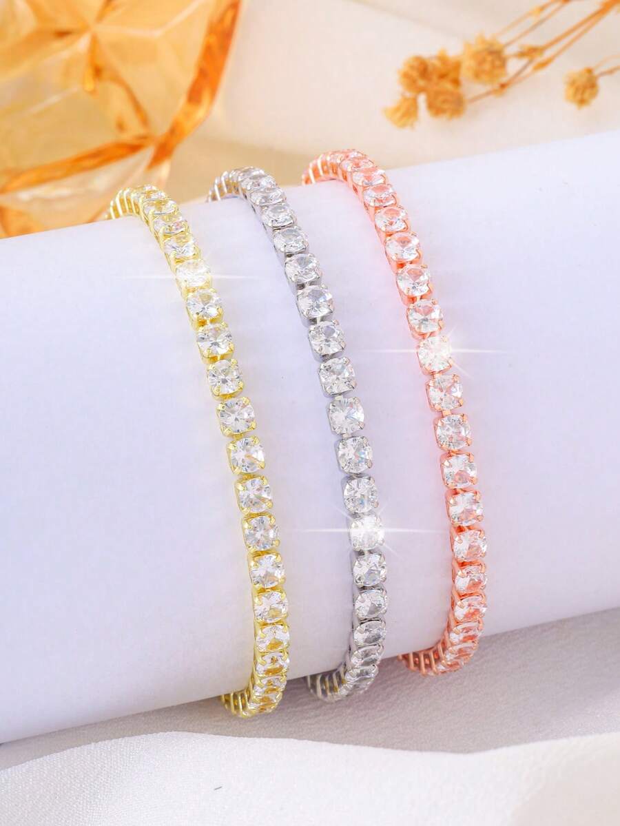 1/3pcs Set Gold-Plated Full Rhinestone Tennis Chain Bracelet, Available ...