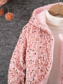 Girls' Autumn/Winter Fashion Sequin Plush Fabric, Thick Soft Warm Comfortable Plush Lining, Hooded Zipper With Ribbed Cuffs, Sweet Cute Fleece Jacket - Pink - View 4