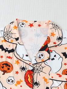 2pcs Halloween Ghost Bat Pumpkin Pattern Short Sleeve Collared Top And Bow Shorts Women's Pajama Set - Apricot - View 3