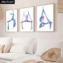 3PCS Modern Cartoon Realistic Art Style Air Ladies Silk Art Yoga Painting Oil Painting Canvas Painting Wall Art Decoration, Watercolor Color Air Dance Printing Poster Pictures Room Decoration, Corridor, Study, Bedroom Wall Decor(No Frame/Framed) - Cartoon - View 3