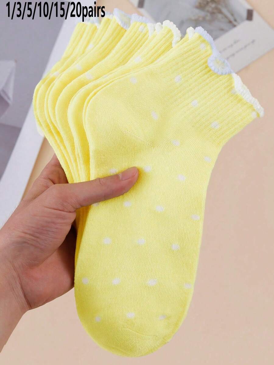 1/3/5/10/15/20雙女款黃色甜美荷葉邊清新波點JK風舒適透氣短襪 - 黃色 - 查看 1