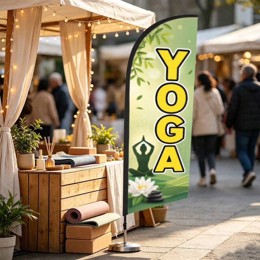 商用 YOGA 羽毛旗 7.2 英尺戶外耐撕裂聚酯纖維廣告拱形旗幟(含旗桿與地樁),適用於商店、派對及店面裝飾 - 瑜珈 - 查看 1