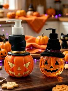 1pc Halloween Pumpkin Shaped Dispenser Bottle 350ml Jack-O'-Lantern With Witch Hat Design, Shampoo Body Wash Hand Soap Universal Storage Empty Bottle, Halloween Bathroom Decor Gift Container, Halloween Gift, Refillable - Orange - View 5