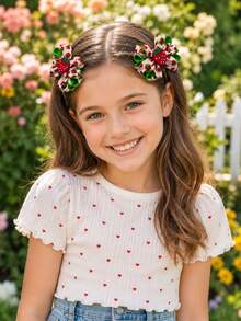 2pcs Strawberry Print Ribbon Bow Hair Clips With Lemon Slice Decor, Fresh Summer Daily Hair Accessories For Girls - Multicolor - View 3