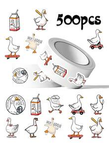 500Pcs Roll Cute Hand Drawn Silly Goose Vinyl Stickers, Funny White Goose Meme Mini Sealing Stickers, Sticker Roll For Gift Packaging Envelope Journal Water Bottle Laptop Phone Case Decor - White - View 1
