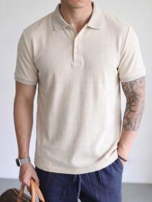 Men's Summer Short Sleeve Polo Shirt, Slim Fit Button Front Design, Suitable For Casual Daily Wear - Apricot - View 3