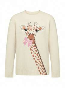 Women's Cute Giraffe Print Ribbed Knit Pullover Sweater, Long Sleeve, Regular Fit, Medium Stretch, Ideal For Autumn/Winter Fall - Apricot - View 8