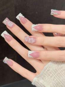 10片鴨子手工穿戴甲，湖藍色法式水鑽裝飾，適合派對與日常配戴，適用於女孩與女性的假日派對和音樂節，情人節母親節禮物 - 粉色 - 查看 4
