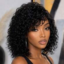 AMECIRE Black Curly Wig Fluffy Shape With Bangs Human Hair Wigs Pixie Cut Wig Wigs For Women Short Hair Wig Elastic Mesh Cap Suitable For Everyday Wear And Holidays - Natural Black - View 3