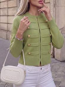 Women's Green Military Style Knitted Cardigan Sweater, Gold Buttons, Long Sleeve High Elasticity Pullover, Suitable For Autumn/Winter Wear - Green - View 5