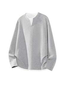 Blueprint Man 1pc Men's Gray 2 In 1 Henley Collar Long Sleeve Sweatshirt, Fine Vertical Textured Fabric, Soft And Breathable, Unique Small V-Neckline For Layered Look, Solid Color Minimalist Style, Suitable For Commuting, Daily Wear And Travel - Grey - View 5