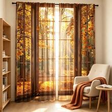 2pcs Autumn Forest Landscape Printed Window Curtains, Nature Tree Scenery Design, Light Filtering Polyester Rod Pocket Curtains For Bedroom Living Room Home Decor - Multicolor - View 9
