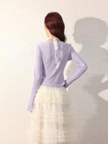 Women's Ribbed Knit Long Sleeve Top With Contrast Lace Trim And Bow Detail, Purple Round Neck Bell Sleeve Sweater - Lilac Purple - View 7