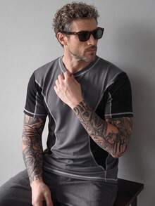 Men's Summer Colorblock Patchwork Loose Short Sleeve T-Shirt - Dark Grey - View 2