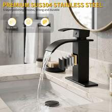FEELSO Matte Black Waterfall Bathroom Faucet - Single Handle Mixer Tap For 1/3 Hole Sinks | Includes Deck Plate, Pop-Up Drain & Supply Hoses | Modern Vessel Vanity Set - Waterfall Bathroom Faucet - View 3