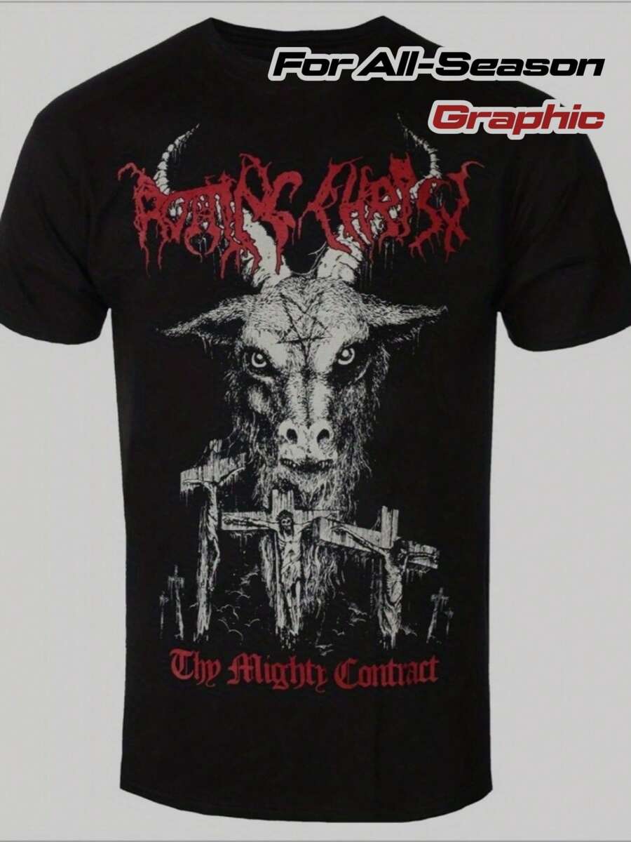 Men'S Heavy Metal Graphic T-Shirt - Black Band Tee Featuring Red Text - Breathable Shirt Suitable For Concerts And Daily Wear - Versatile Casual Rock - 黑色 - 查看 1