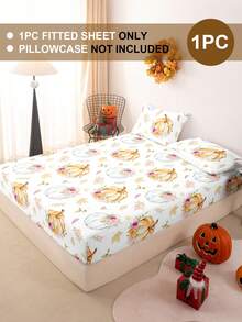1pc Halloween Thanksgiving Leaf Pumpkin Print Fitted Sheet Only, Machine Washable Durable Bed Sheet, Autumn Holiday Bedroom Decor, Fits King/Queen/Full/Twin, Ideal For Home, Dorm, Apartment, Guest Room, Rentals And Gifts. - Multicolor - View 2