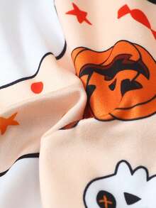 2pcs Halloween Ghost Bat Pumpkin Pattern Short Sleeve Collared Top And Bow Shorts Women's Pajama Set - Apricot - View 8