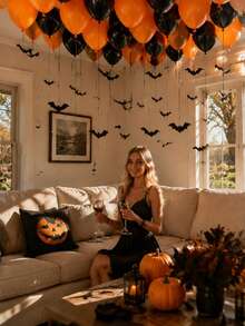 43pcs/Set Halloween Ceiling Decoration Set, Includes Orange & Black Latex Balloons, Bat Stickers, Birthday, Holiday, Costume Party, Bachelor Party - Multicolor - View 9