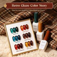 Beetles 6 Colors 9ML Retro Glaze Fall Jelly Gel Nail Polish Set, Sheer Amber, Brown, Blue, Teal, Burgundy, Red & Orange Tones With DIY Color Card, Nail Charms, Buttons & Glitter For UV Nail Art - 6 Colors 9ML Retro Glaze Fall Jelly - 查看 3