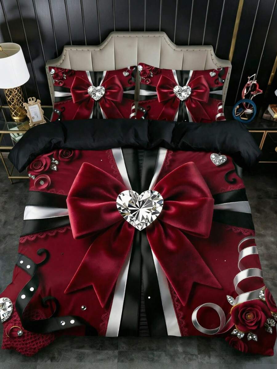 3件組 YK2 粉色蝴蝶結印花被套組,隨機枕頭圖案,被套組(1件被套 + 1/2件枕套,不含枕芯),柔軟保暖舒適,適用臥室、客房、宿舍裝飾床上用品套裝 - 彩色 - 查看 1