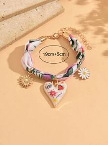 1pc Niche Sweet Cool Style Floral Fabric With Graffiti Heart, Daisy & Sun Pendant Decorative Bracelet, Fashionable Women's Hand Accessory Suitable For Daily Wear, Vacation, Date And Party - Multicolor - View 4