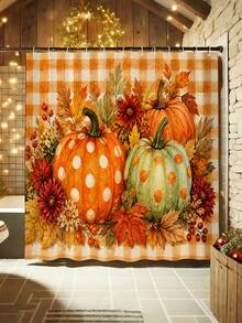 1/3/4pcs Orange & White Plaid Pumpkin Red Maple Autumn Leaf Pattern Bathroom Shower Curtain Set, Cute & Playful Style, 72*72 Inches, Waterproof Shower Curtain Bathroom Accessories - Includes 12 Plastic Hooks - Includes Toilet Lid Cover, U-Shaped Non-Slip Bath Mat And Soft Plush Rug - Washable, Mildew-Resistant - Perfect For Halloween / Thanksgiving Holiday Decor, Home Decor, Room Decor, Back To School Gift. Exquisite Housewarming Gift - A - View 3